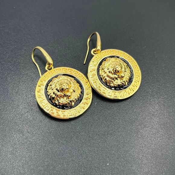 Bellezza Signed Gold Plated Lions Head Black Enamel Drop Dangle Earrings - Picture 2 of 8